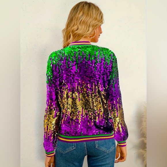 Mardi Gras Sequin Zip Up Colorblock Jacket - Picture 2 of 7